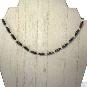 OO# Striking Dark Gray Agate & Pearl & Sterling 925 Silver Choker Necklace